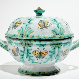 A polychrome Brussels faience tureen and cover with butterflies and caterpillars, 18/19th C.